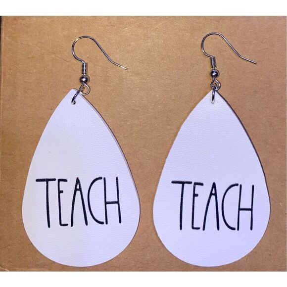 ☀️3/$12☀️ White Faux Leather “TEACH” Earrings - Picture 1 of 3